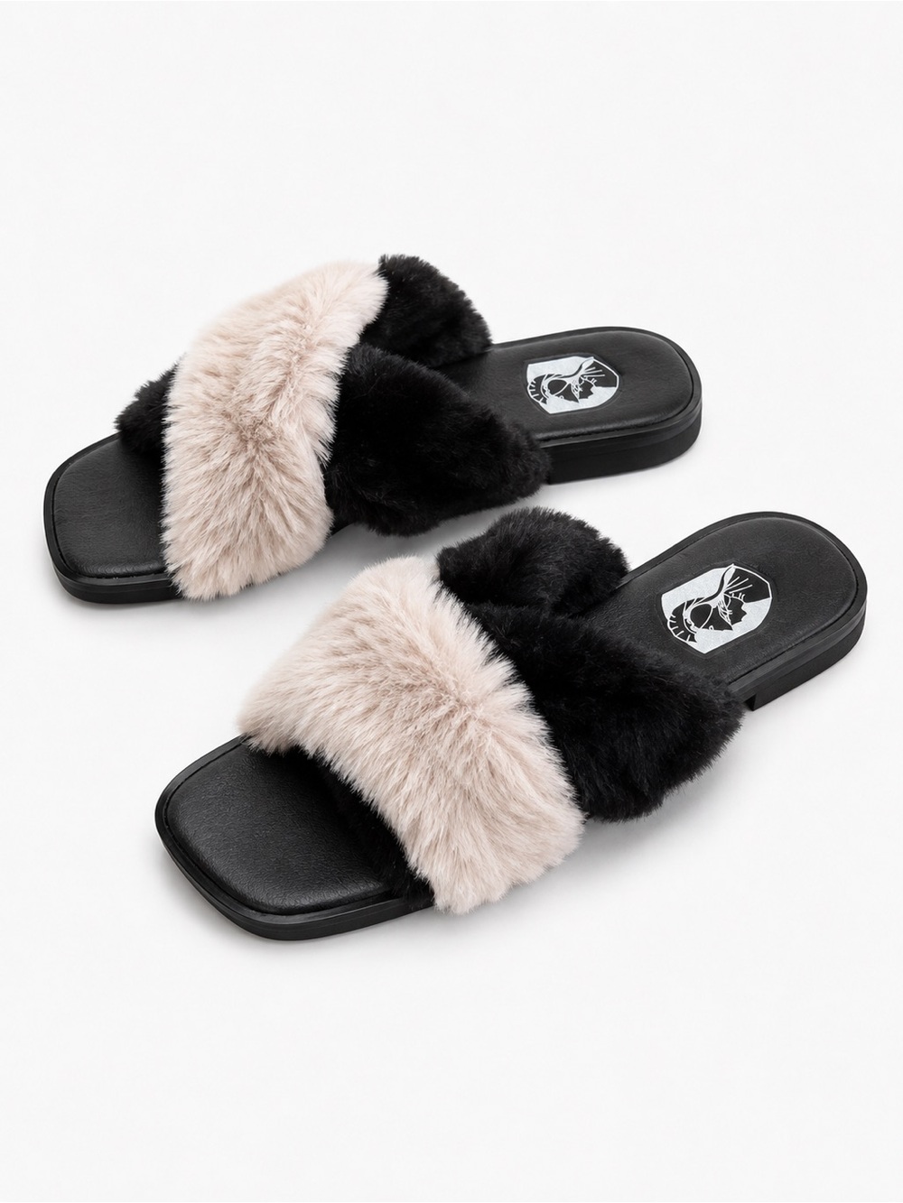 235. VHNY Faux-Fur Slide Sandals in Black and Beige